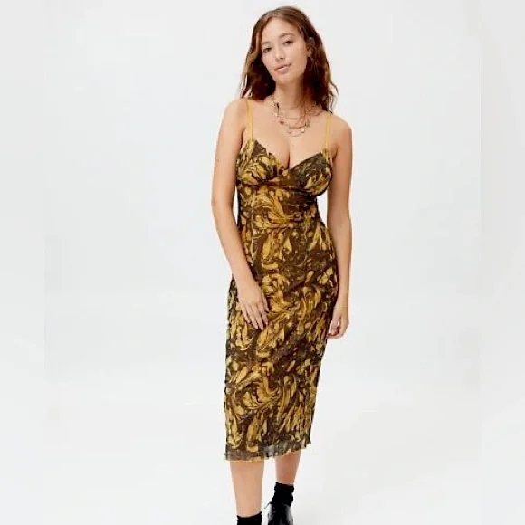 knee length dresses for ladies Free People Long Live Printed Mesh Midi Slip Dress